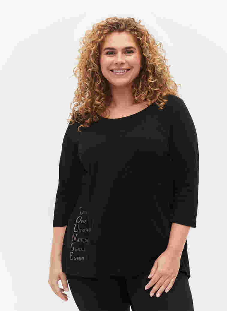 Cotton t-shirt with 3/4 sleeves, Black LOUNGE, Model image number 0