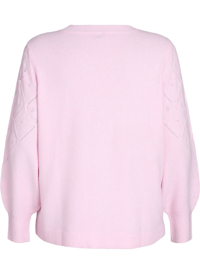 Knitted top with openwork pattern and balloon sleeves, Rose, Packshot image number 1