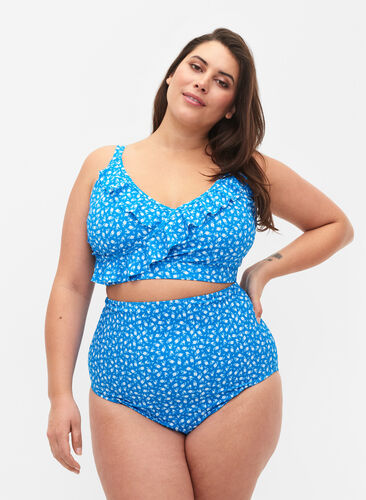 Extra high waist bikini bottom with floral print, Blue Flower Print, Model image number 0