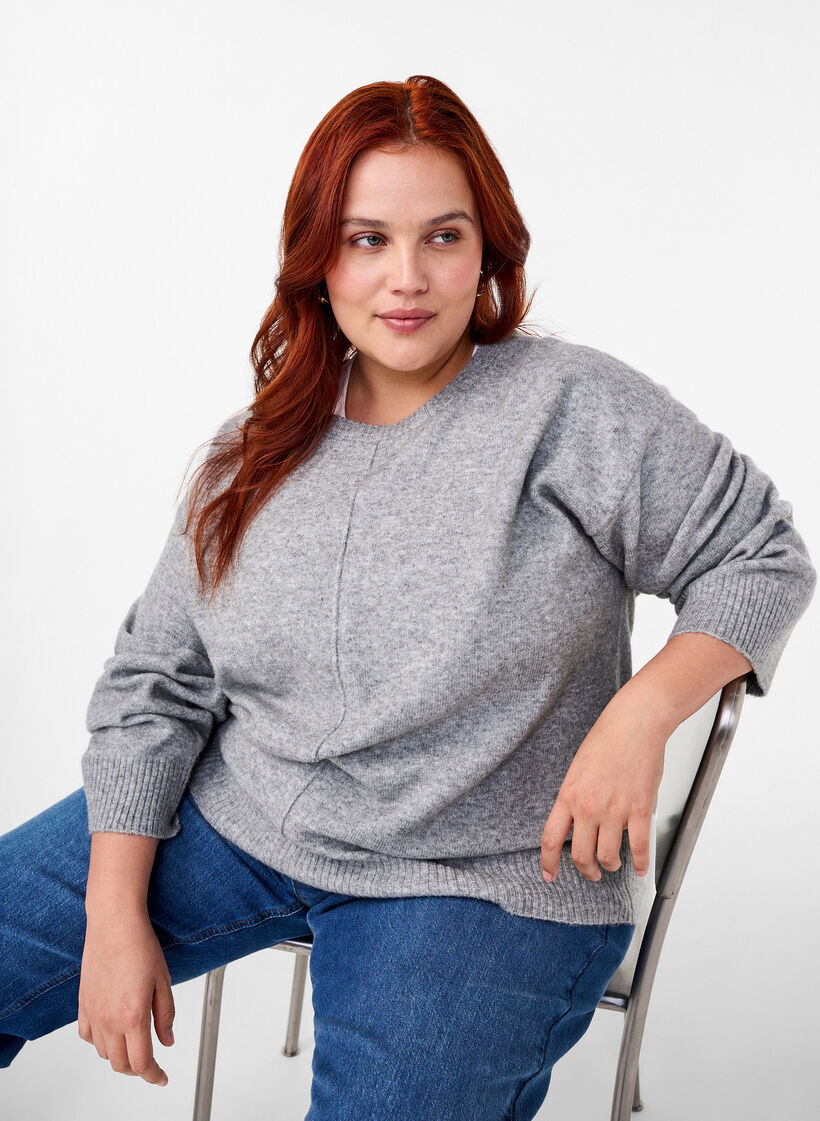 Knitted blouse with a round neck and center seam, Light Grey Melange, Image image number 0