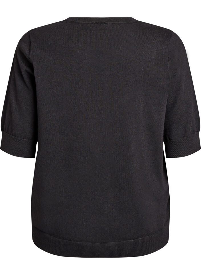 Fine-knit blouse with short sleeves., Black, Packshot image number 1