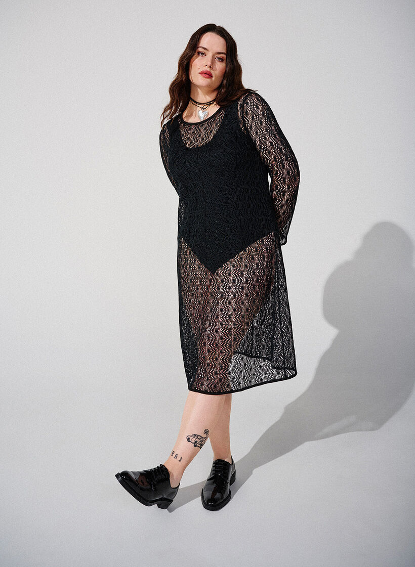 Crochet dress with long sleeves, Black, Image