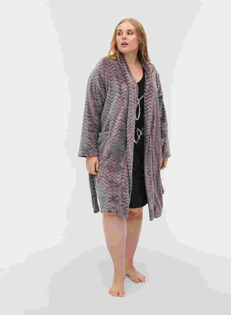 Short patterned dressing gown with pockets, Dark Grey, Model image number 2