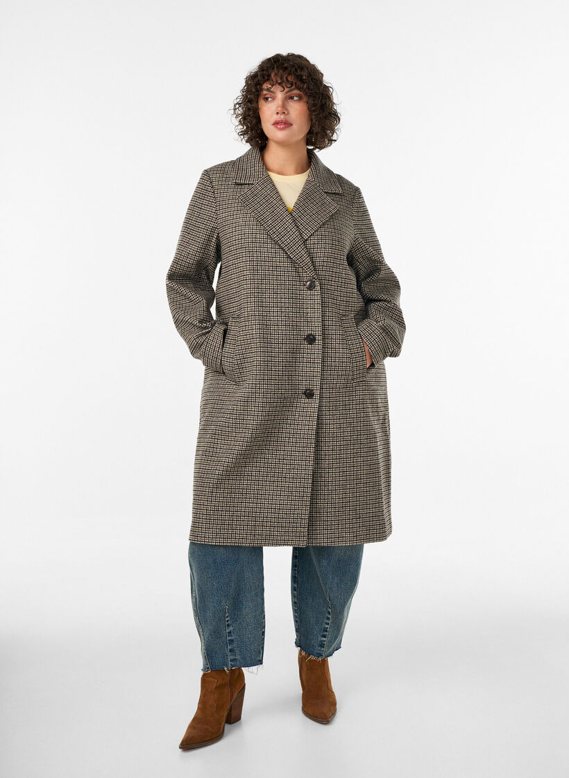 Mid-length checked coat, Brown, Model image number 3