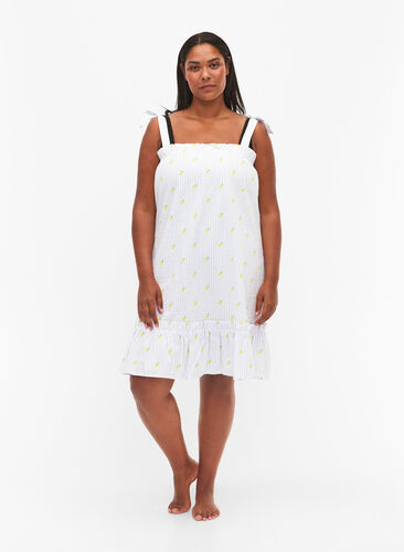 Beach dress in cotton with tie straps, Lemon Print, Model image number 2