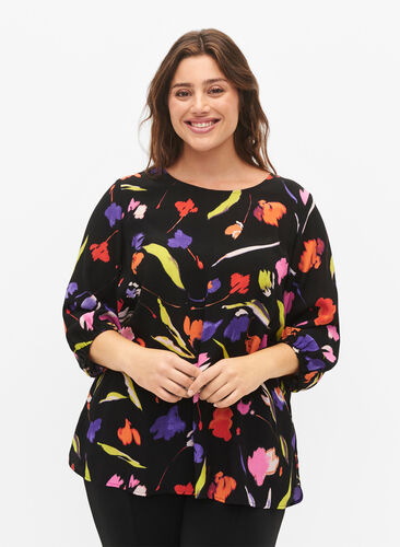 Viscose blouse with print and 3/4 sleeves, Faded Tulip AOP, Model image number 0