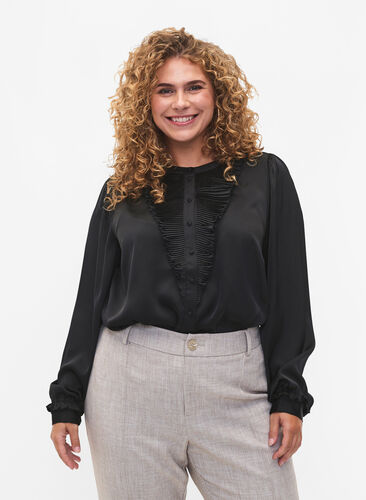 Satin shirt blouse with ruffle details, Black, Model image number 0