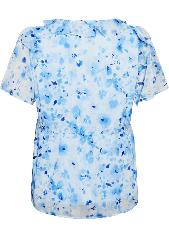 Floral blouse with a frill collar and peplum effect, Blue, Packshot image number 1