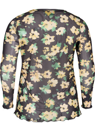Tight fit mesh blouse with floral print, Yellow Green AOP, Packshot image number 1