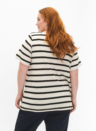 Short sleeve blouse with contrast-colored stripes, Sand Black Stripe, Model image number 1