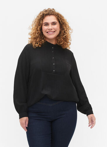 Long-sleeved blouse with ruffle collar, Black, Model image number 0