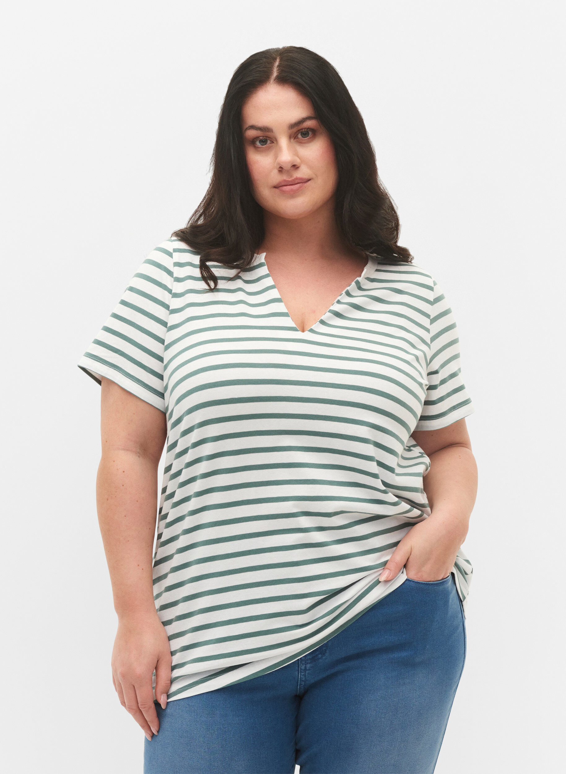 Zizzifashion Cotton t-shirt with stripes and v-neck, B.White/SeaP.Stripes, Model image number 0