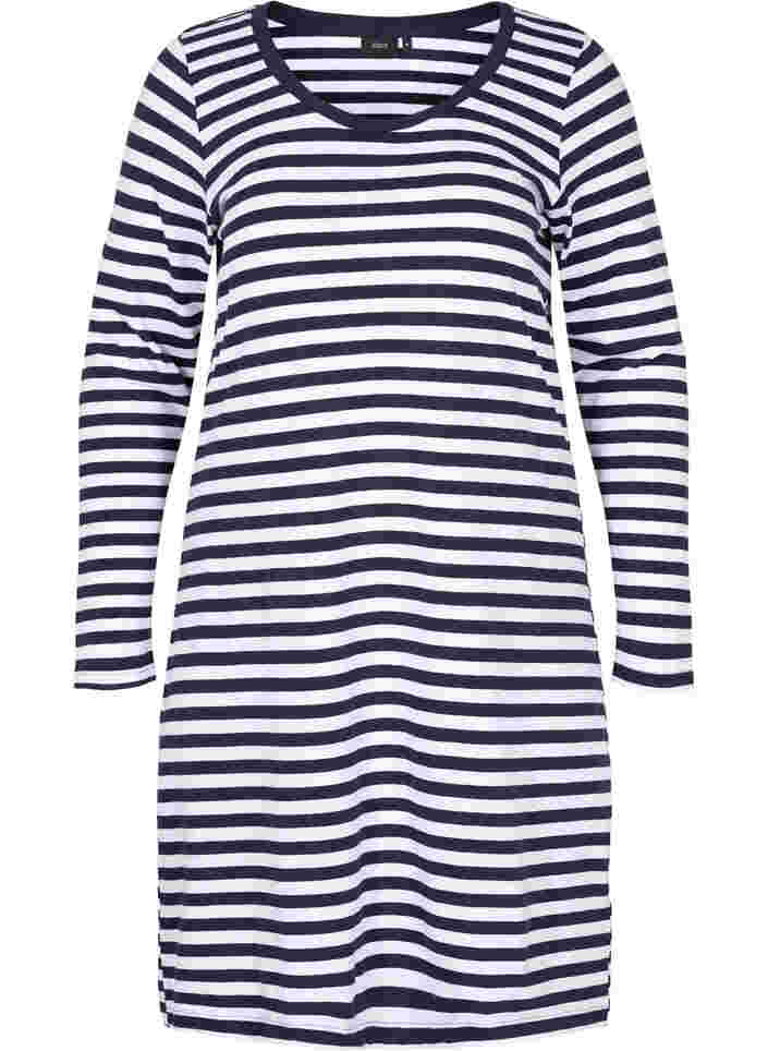 Striped cotton dress with long sleeves , NS w. White Thin, Packshot image number 0
