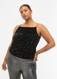 Top with sequin and narrow straps, Black Sequins, Model