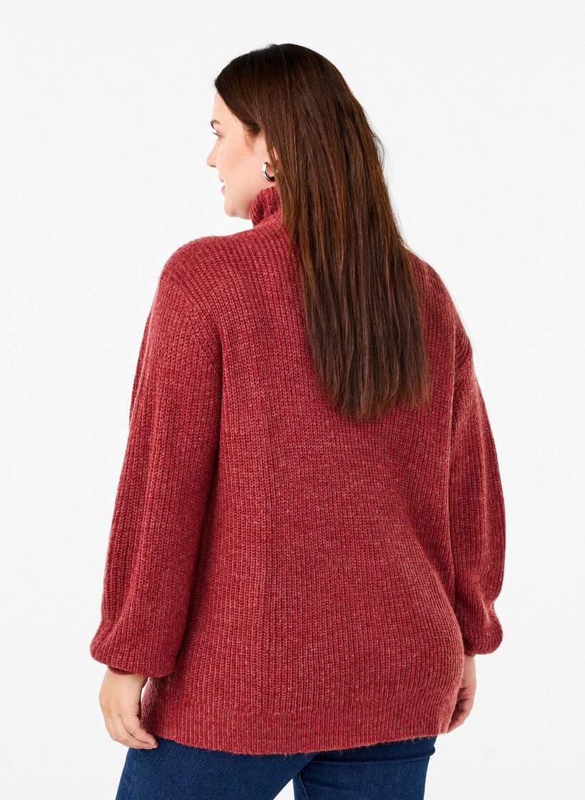 Knitted sweater with high neck and zipper, Red, Model image number 2