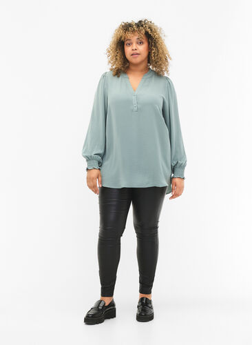 Blouse with smock and v-neckline, Chinois Green, Model image number 2