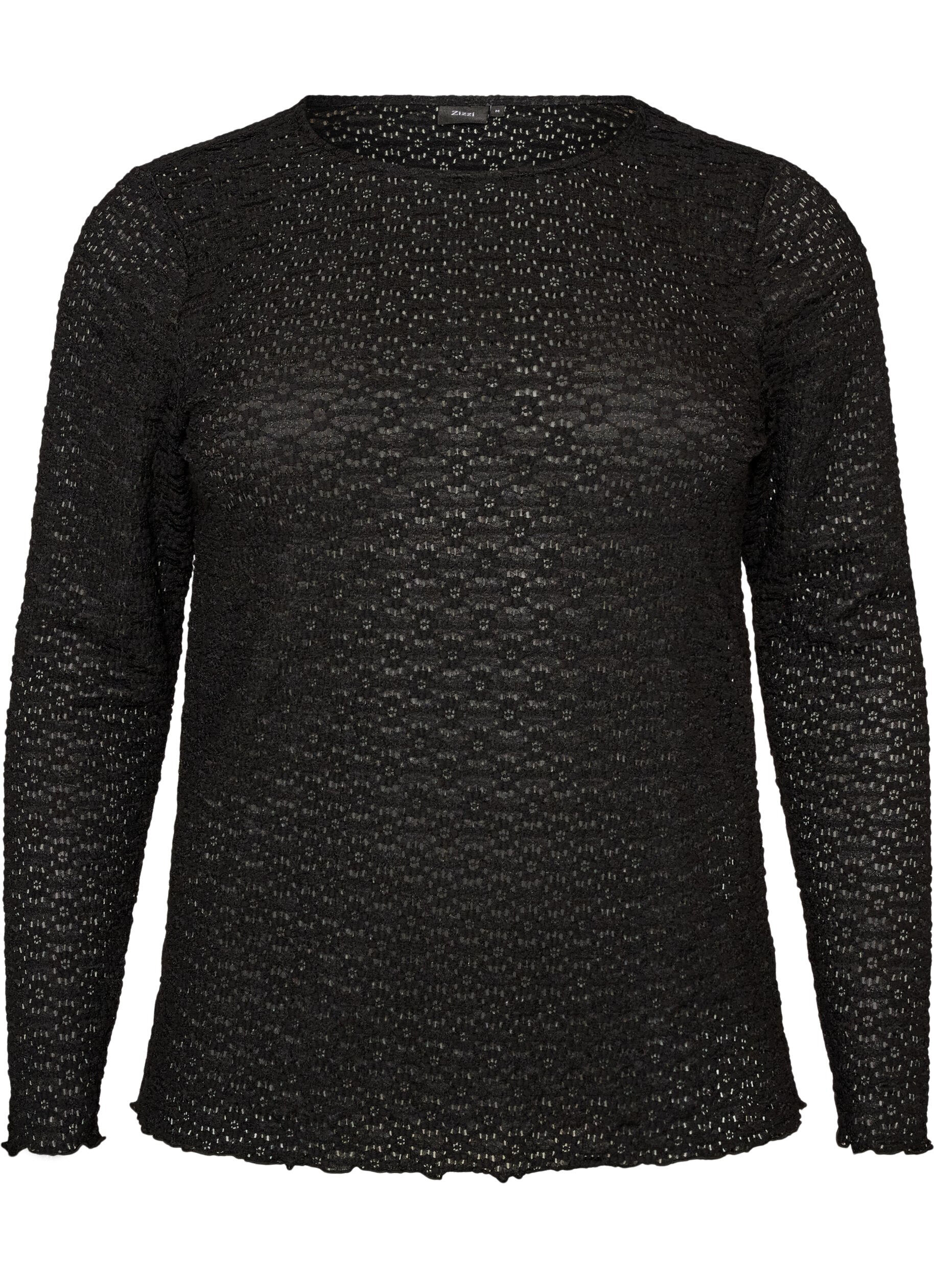 ZizzifashionBlouse with eyelet pattern and long sleeves, Black, Packshot image number 0