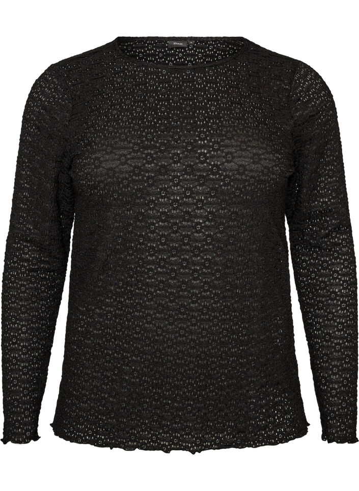 Blouse with eyelet pattern and long sleeves, Black, Packshot image number 0