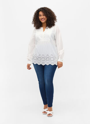 Long-sleeved cotton blouse with embroidery anglaise, Bright White, Model image number 2