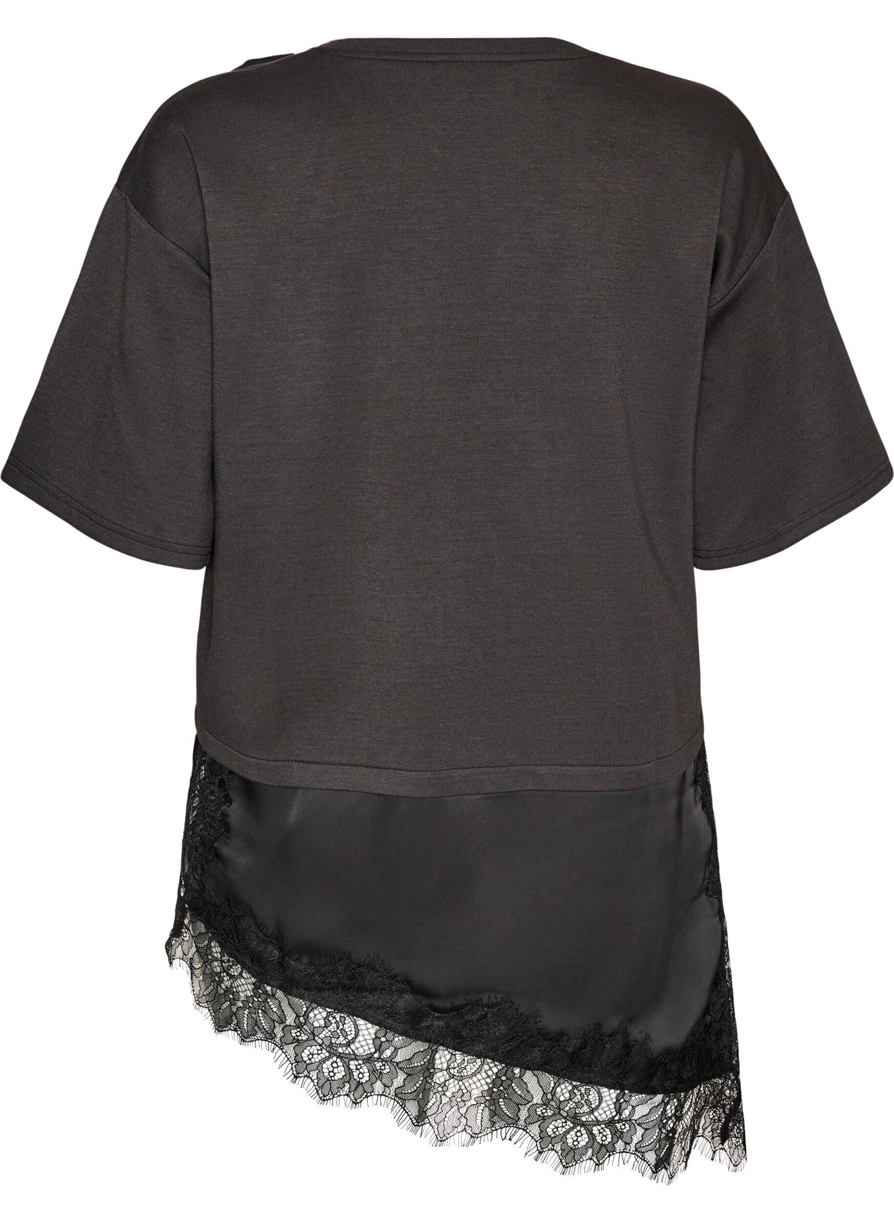 ZizzifashionJersey blouse with a layered look and lace, Black, Packshot image number 1