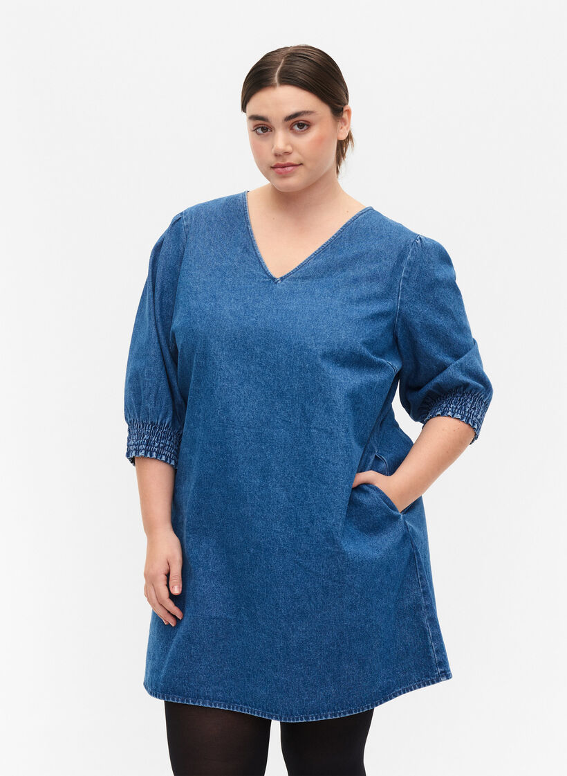 Tunic in denim with v neck, Medium Blue Denim, Model image number 0