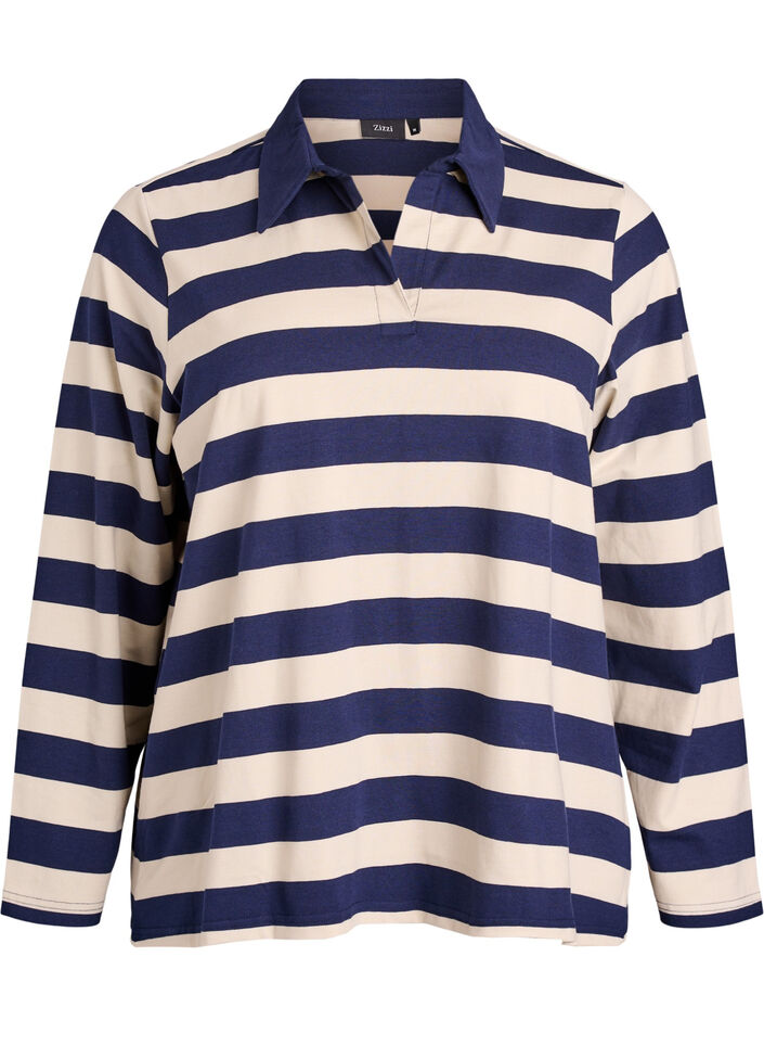 Long-sleeved polo shirt with wide stripes, Blue, Packshot image number 0