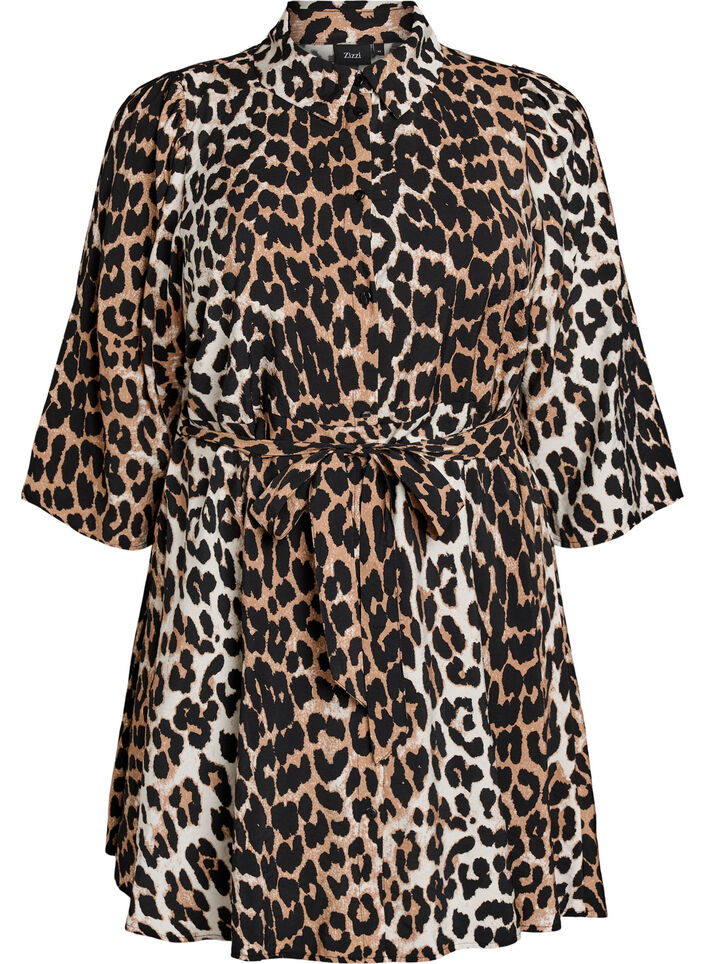 Patterned tunic with a tie-belt and 3/4 sleeves, Brown, Packshot image number 0