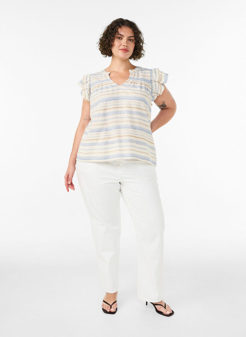 Sleeveless blouse with ruffles and patterned stripes, Vanilla, Model image number 1