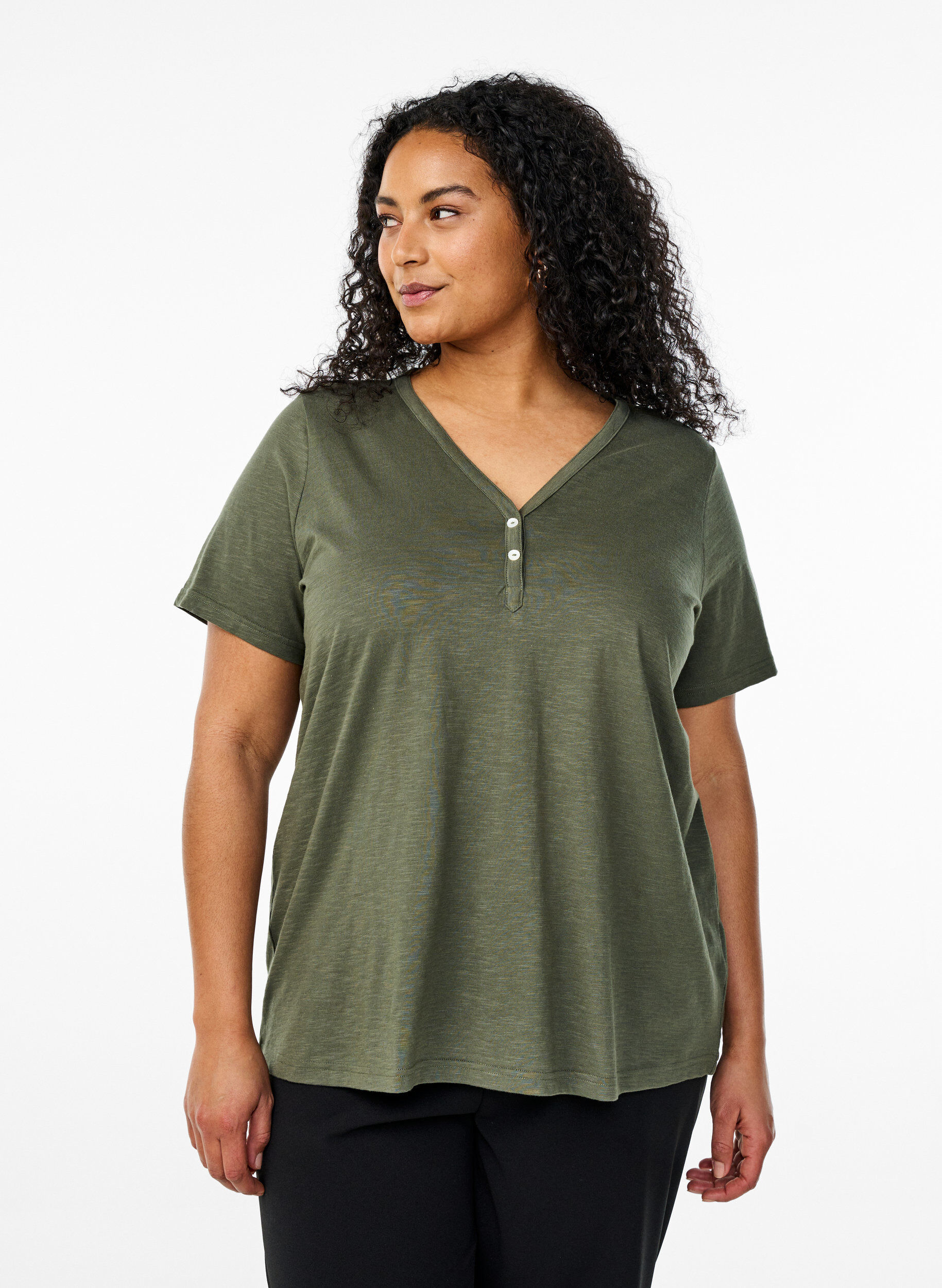 Zizzifashion FLASH - T-shirt with button detail, Green, Model image number 0