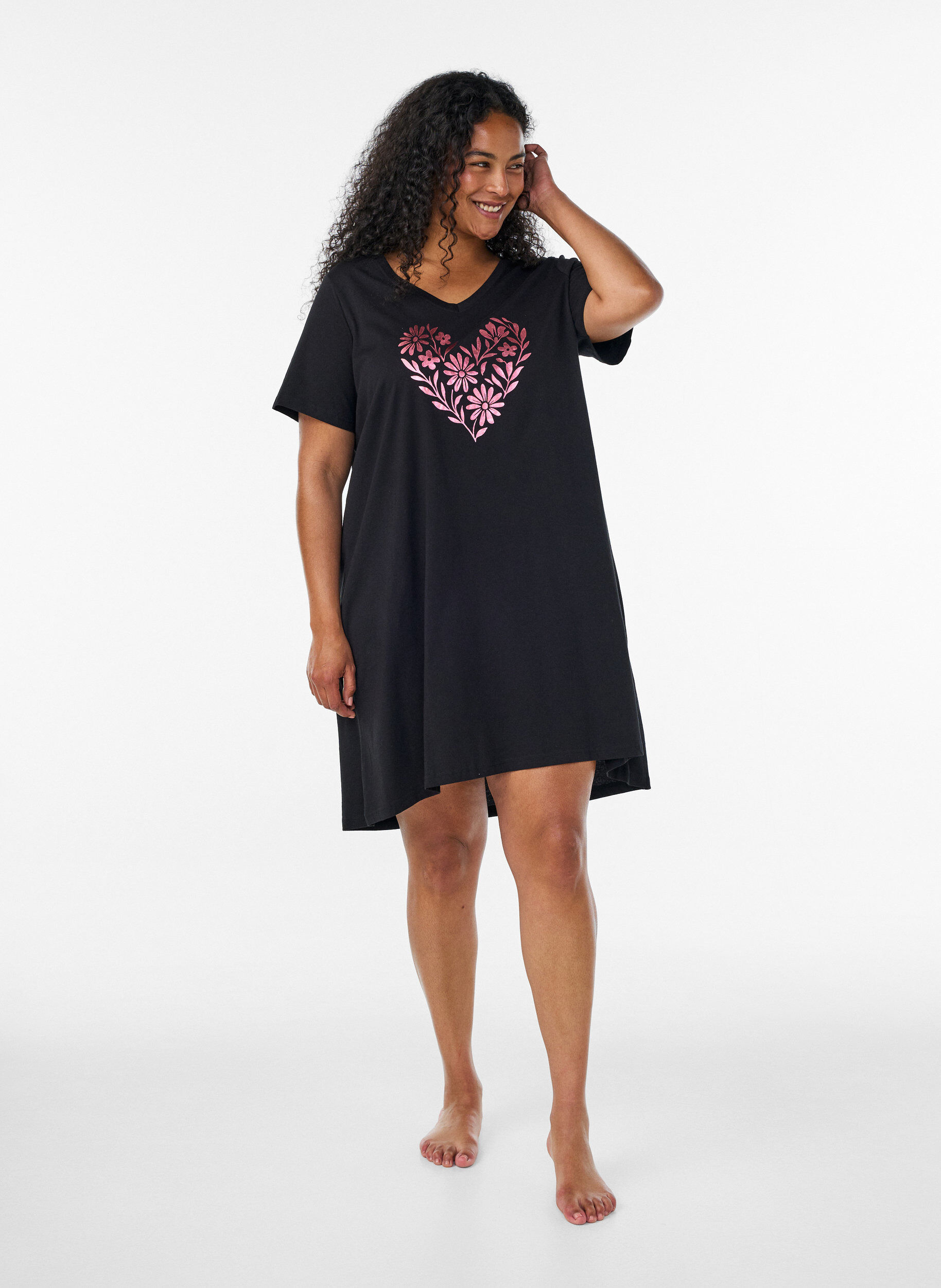 ZizzifashionOrganic cotton nightdress with V-neck, Black, Model image number 1