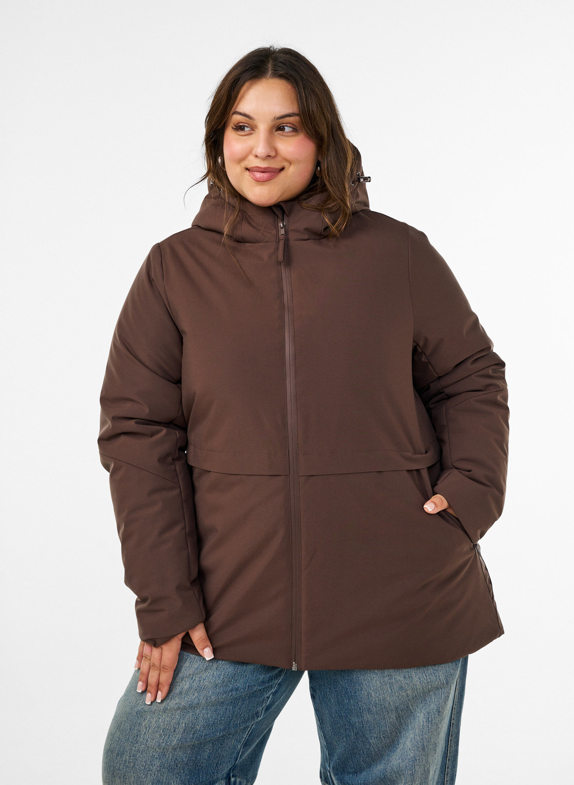 ZizzifashionWinter jacket with hood and adjustable waist, Brown, Model image number 0