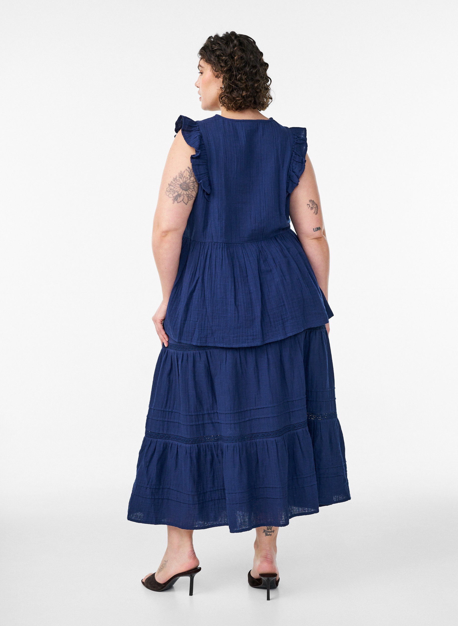 ZizzifashionA-line midi skirt in cotton muslin with crochet band, Blue, Model image number 1