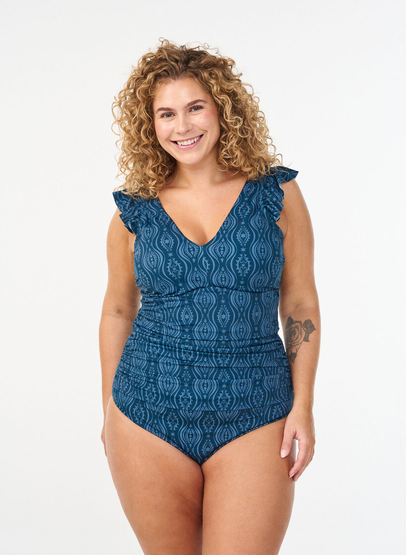 Patterned swimsuit with ruffle details and draping, Petrol, Model image number 0