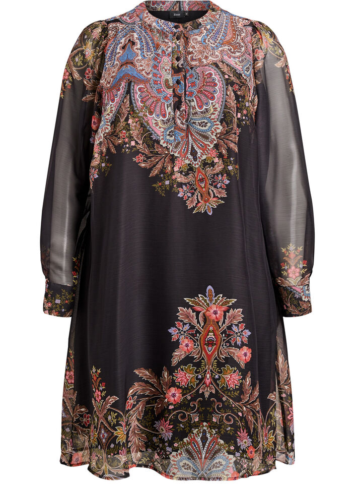 Midi dress with paisley details and long sleeves, Black, Packshot image number 0