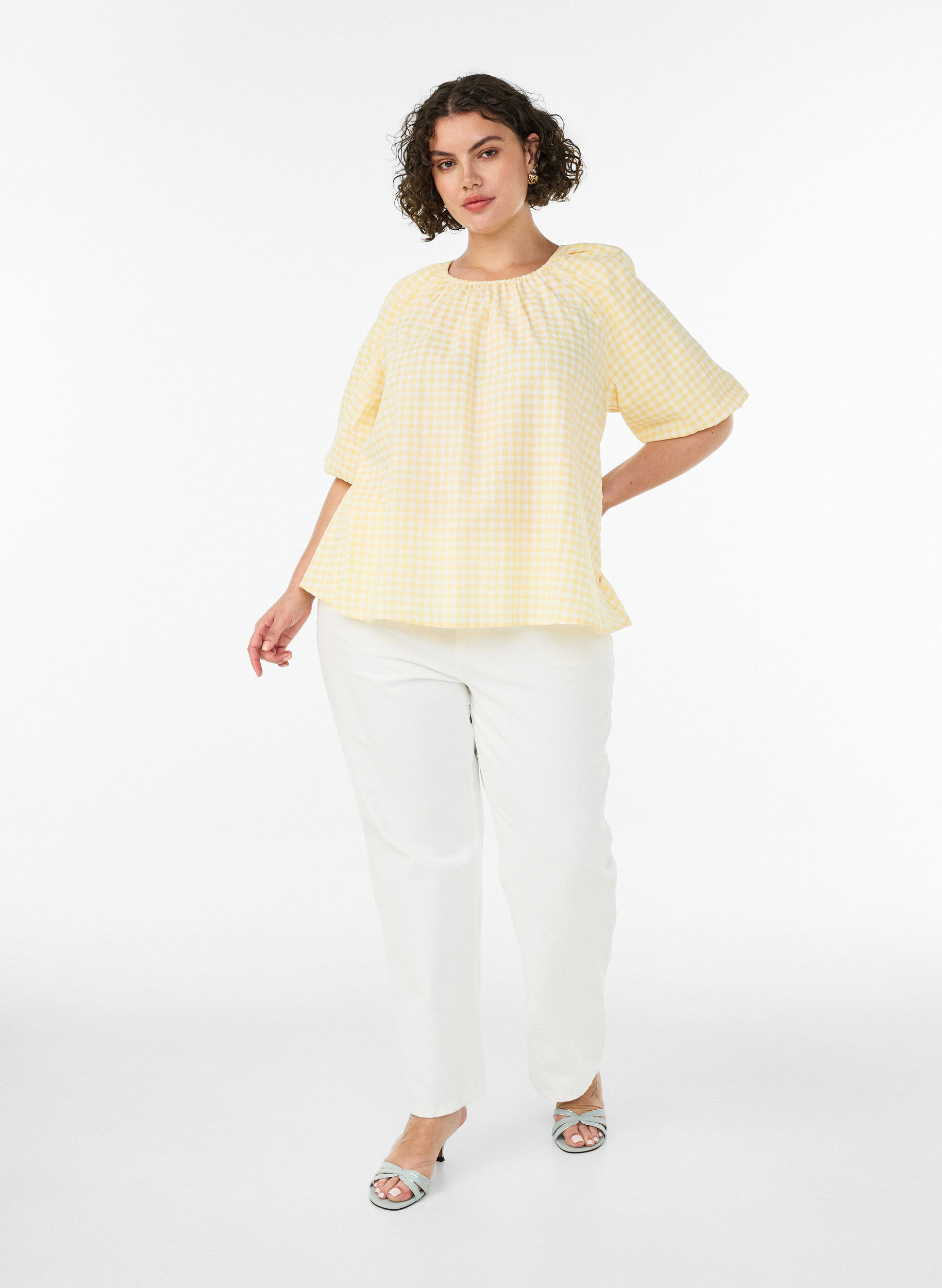 ZizzifashionSmall check blouse with an elasticated neckline and elbow-length sleeves, Yellow, Model image number 1