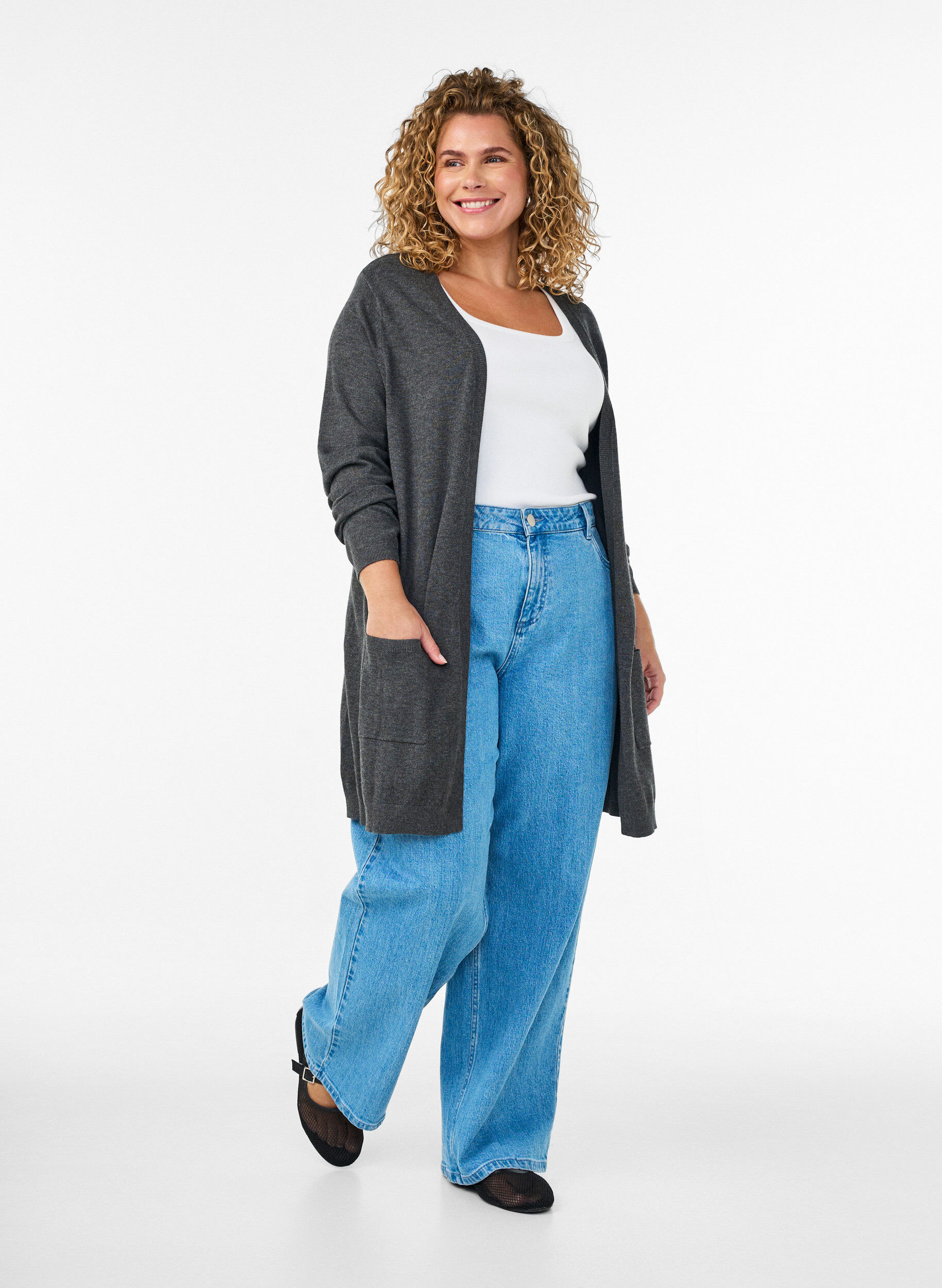 ZizzifashionLong knitted cardigan in a viscose blend, Dark Grey, Model image number 2