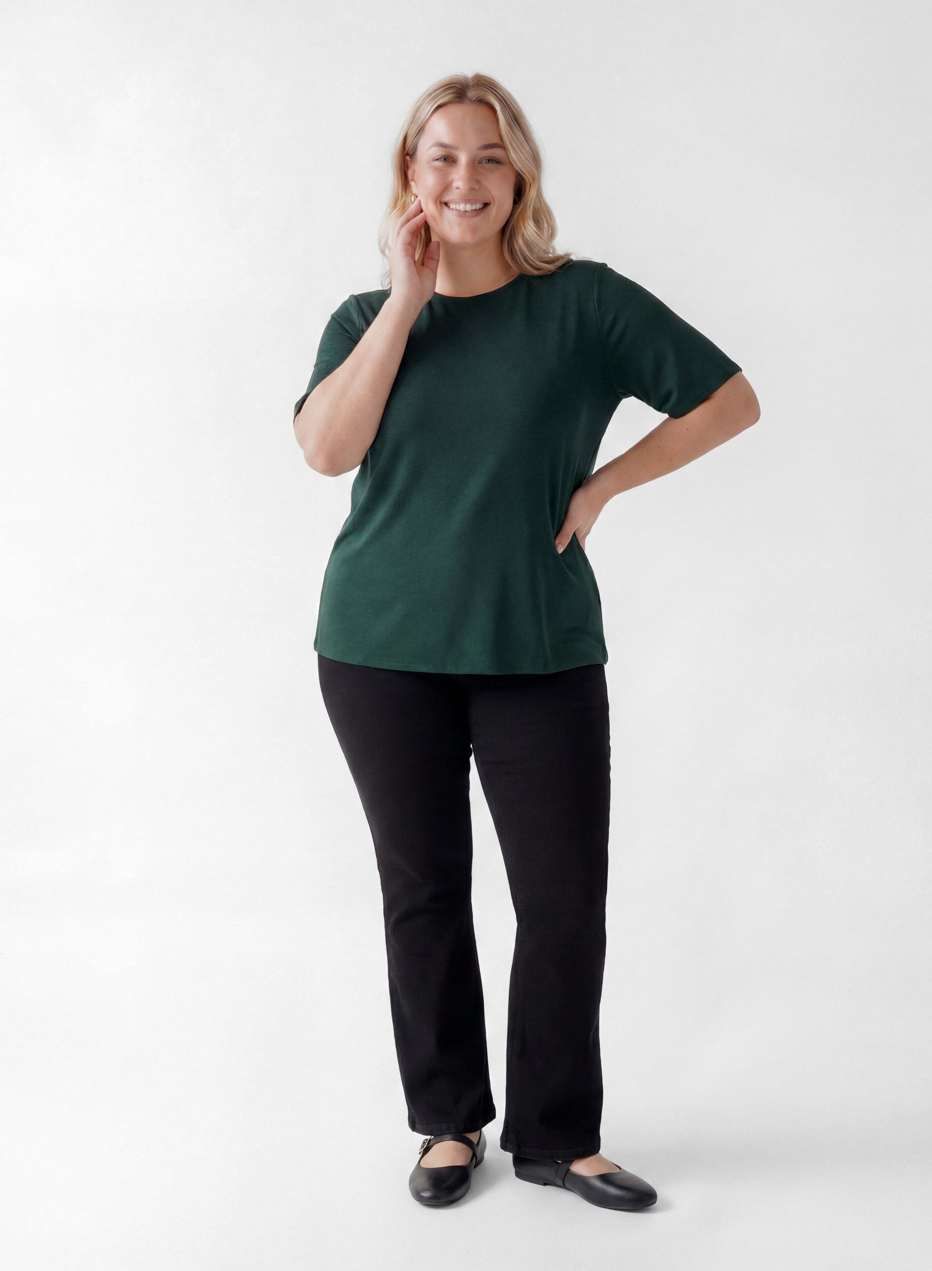 ZizzifashionShort-sleeved woven blouse with round neck, Green, Model image number 1