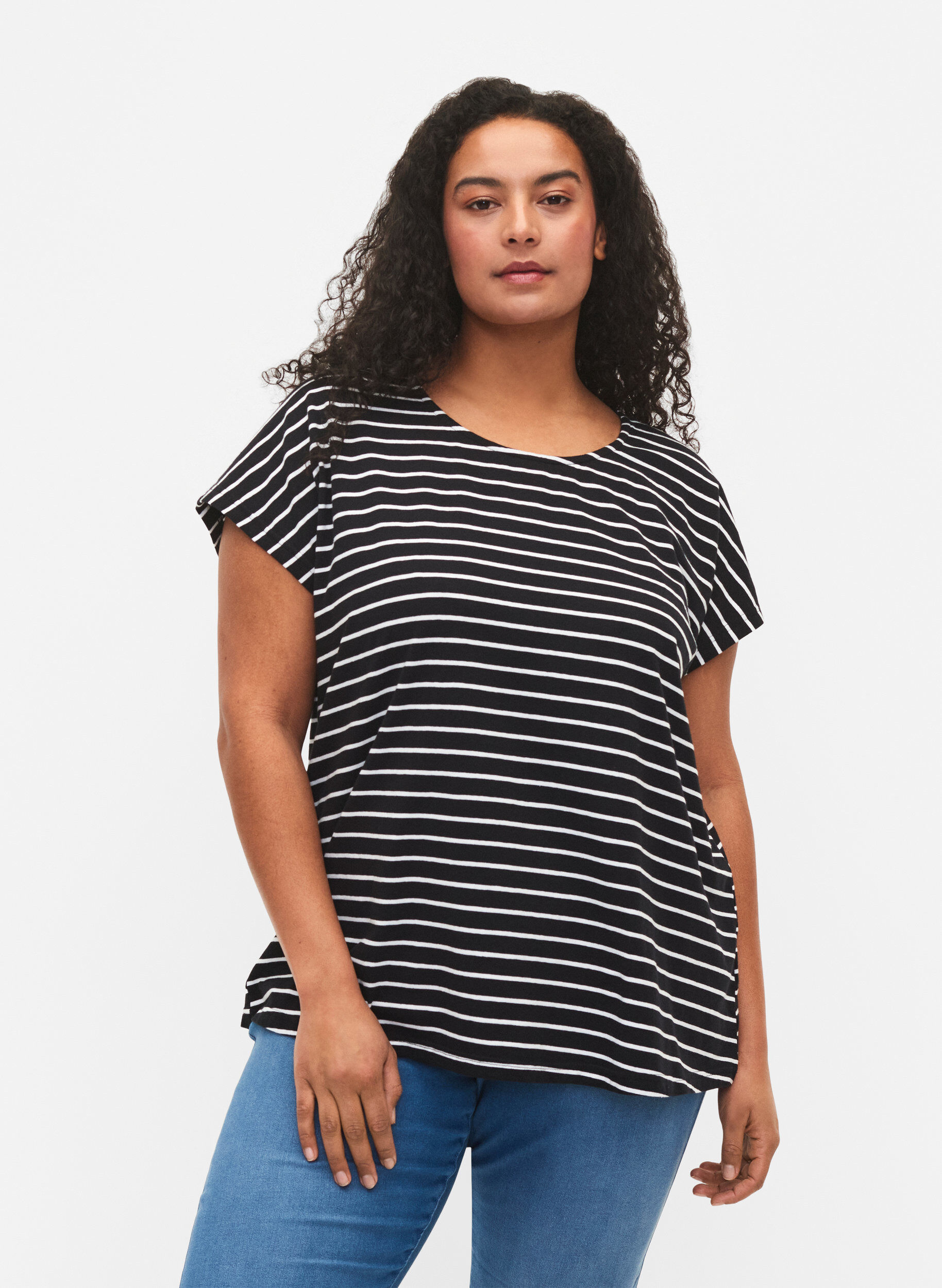 Zizzifashion Cotton t-shirt with stripes, Black W. Stripe, Model image number 0