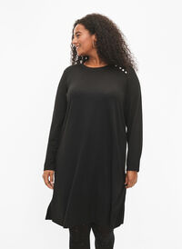 Long-sleeved jersey dress with button detail, Black, Model