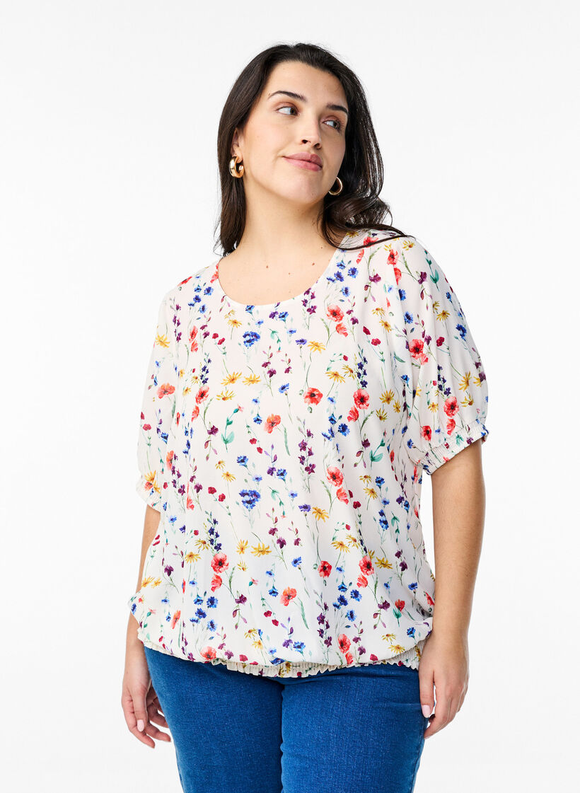 Floral blouse with smocking, Blue, Model image number 0
