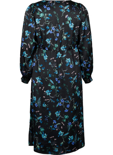 Long-sleeved midi dress with floral print, Blue Flower AOP, Packshot image number 1