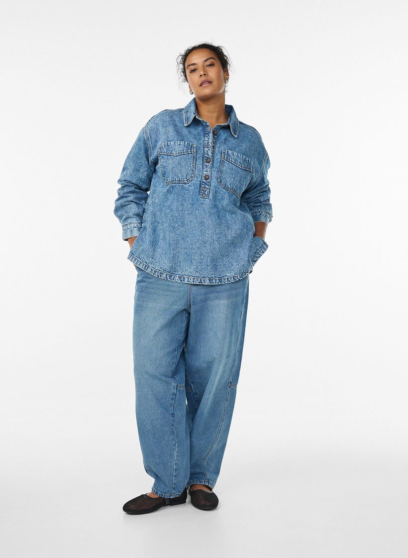 Denim shirt with half placket and chest pockets, Light Blue, Model image number 1