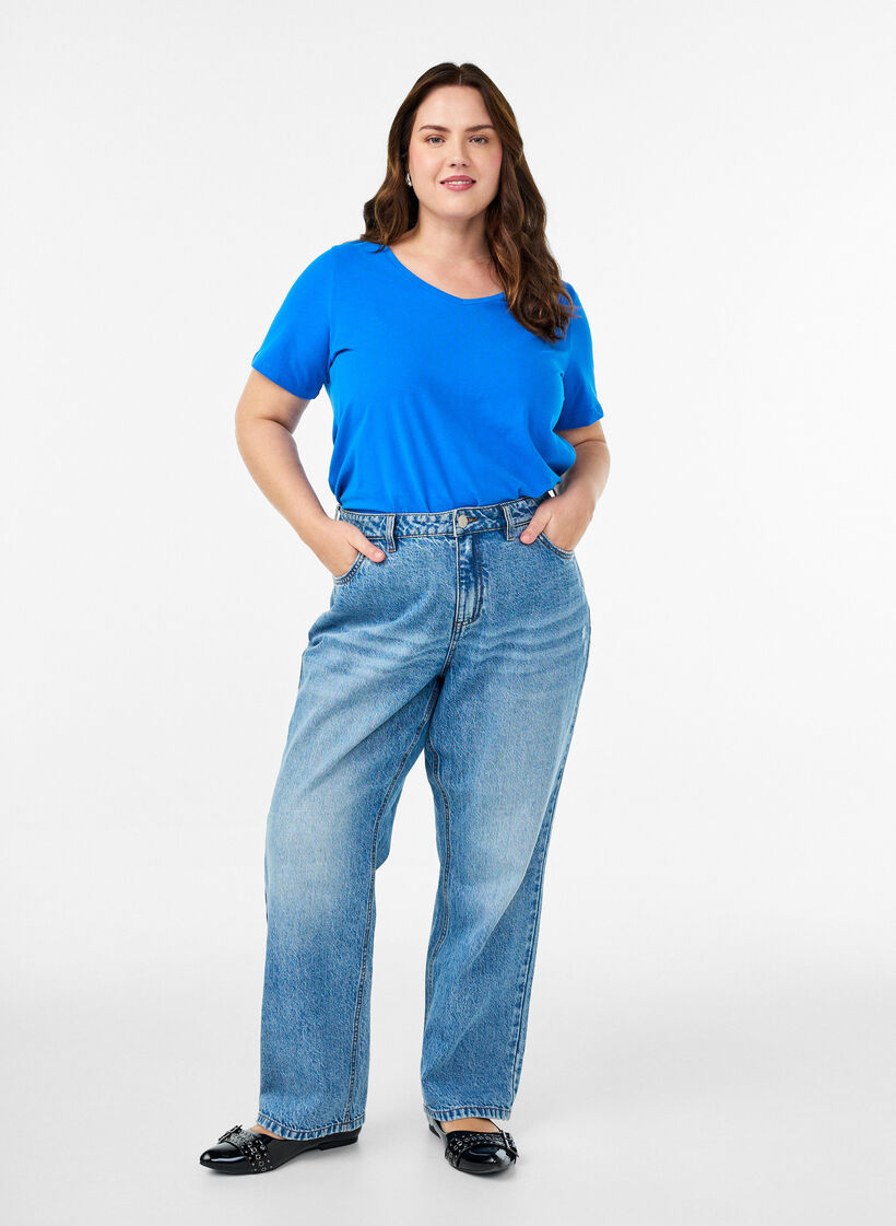 Solid-coloured basic cotton T-shirt, Blue, Model image number 1