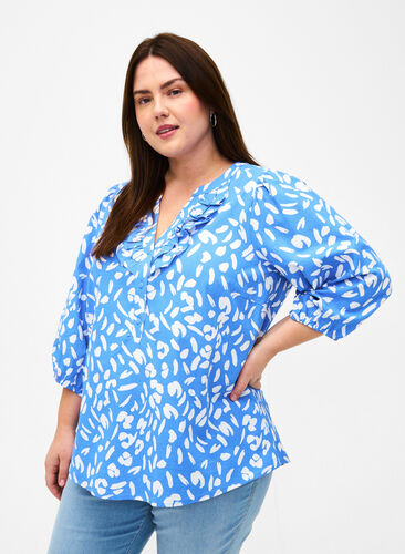 3/4 sleeve cotton Blouse with print, Marina White AOP, Model image number 0