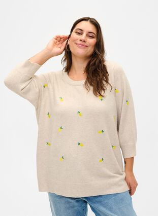 3/4 sleeve knitted blouse with lemons, P. Stone Mel. Lemon, Model image number 0