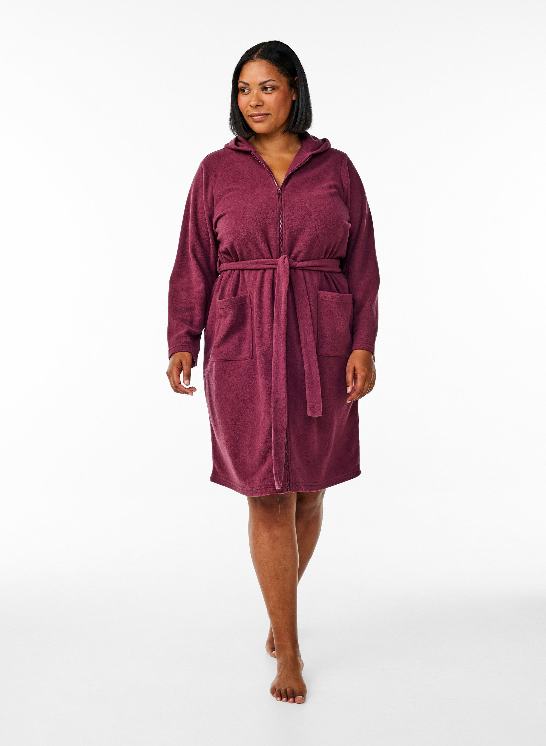 Zizzifashion Morning robe with zipper and hood, Dark Bordeaux, Model image number 1