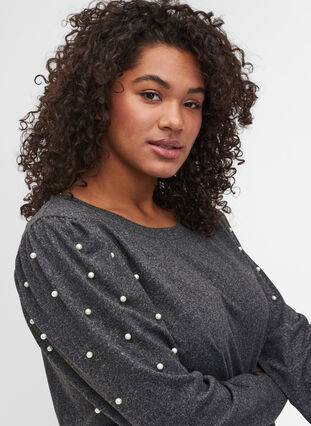 Long sleeve blouse with pearls, Dark Grey Melange, Model image number 2