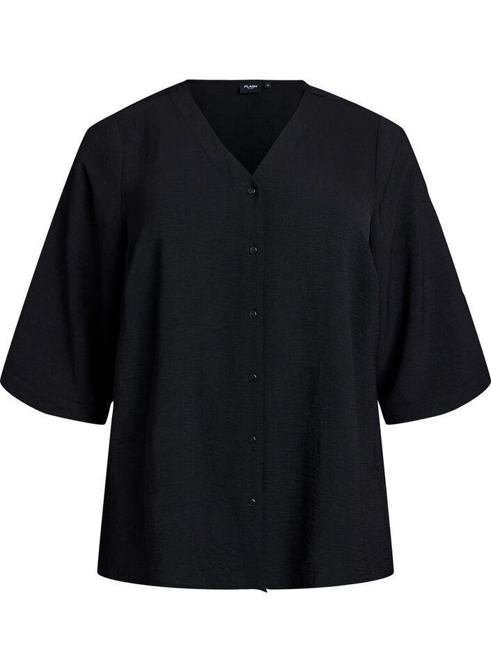 Shirt Blouse with V-Neck and 3/4 Sleeves, Black, Packshot image number 0