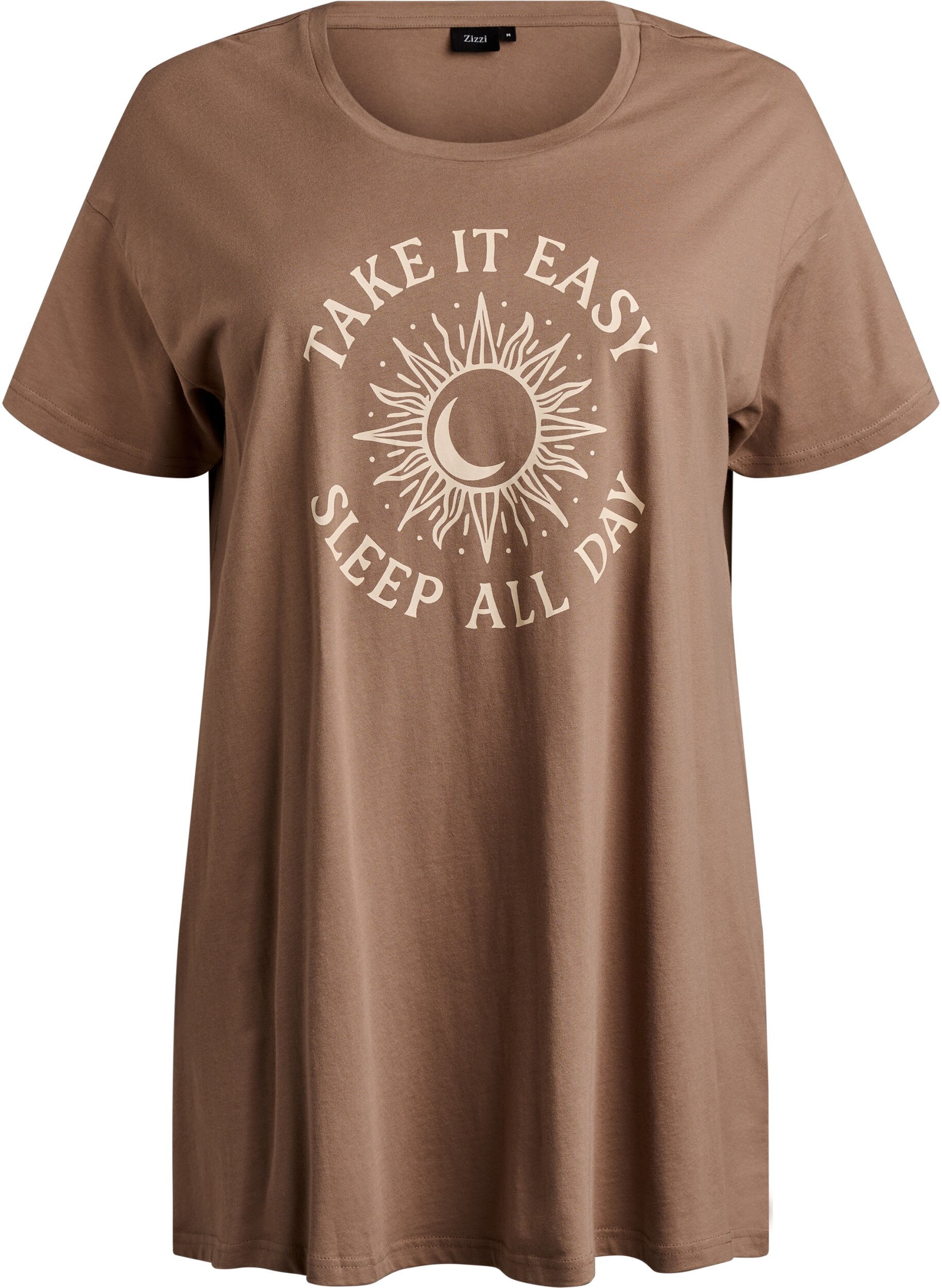 Zizzifashion Long night T-shirt in organic cotton with print, Beige, Packshot image number 0