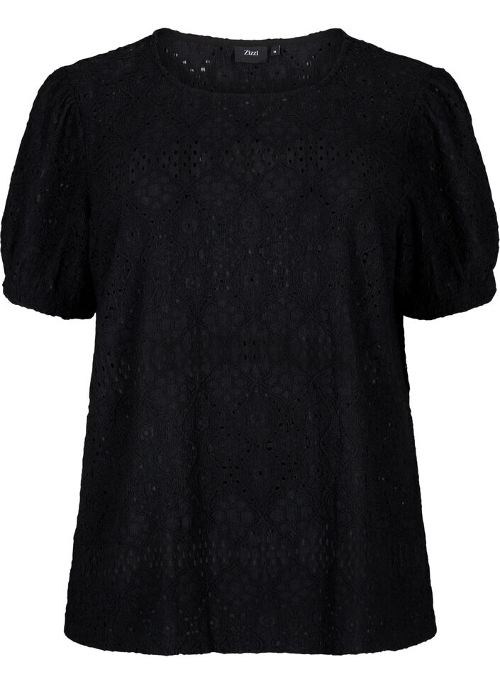 Short-sleeved blouse with lace pattern, Black, Packshot image number 0
